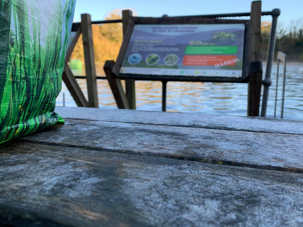 Photograph of frost on the benches by the quayside